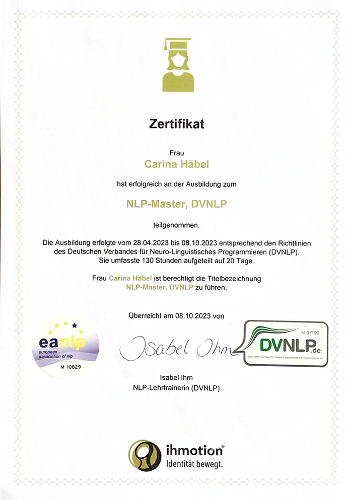 Zertifikat aus dem Jahr 2023 - NLP Master Zertifikat aus dem Jahr 2023 - NLP Master
